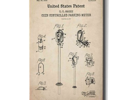 Parking Meter Blueprint Patent Parchment,  Canvas Wall Art on Sale