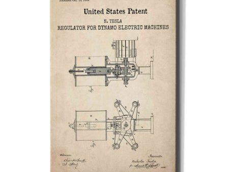 Tesla s Regulator for Electric Machines Blueprint Patent Parchment,  Canvas Wall Art Online